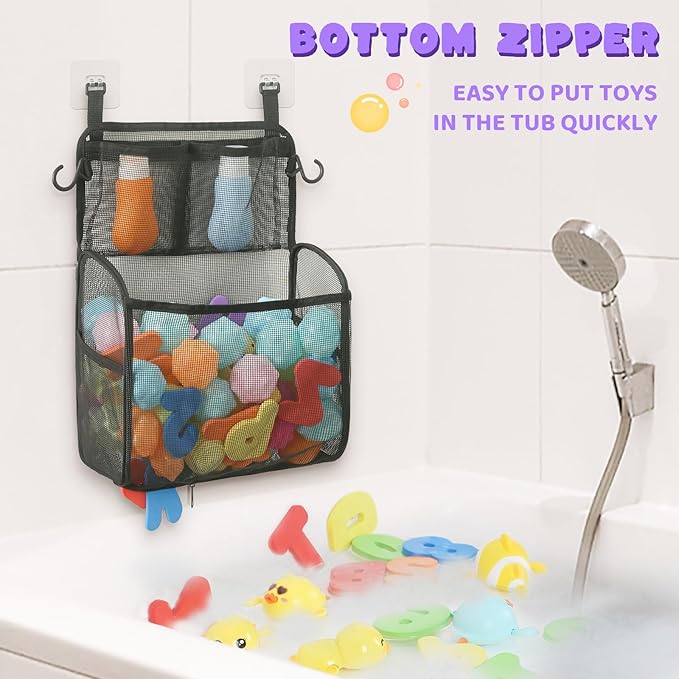 Goowin Bath Toy Storage Holder, Large Openings Bath Toy Organizer, Large Capacity Mesh Bathtub Toy Storage, Multi Use Bath Tub Toy Holder for Bathroom (Black)