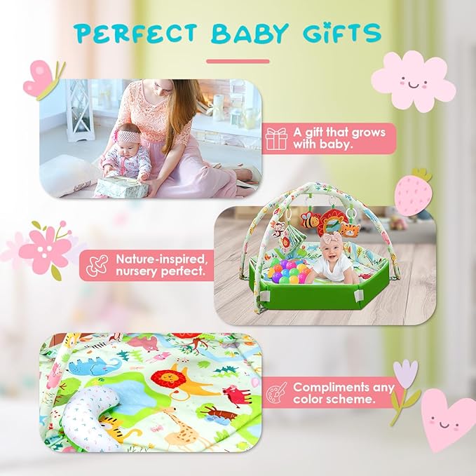 Baby Play Mat,Tummy Time Mat with 6 Detachable Toys-Activity Gym for Visual, Auditory & Motor Development-Washable Baby Activity Mat for 0-12 Month Infants(Animal Theme)
