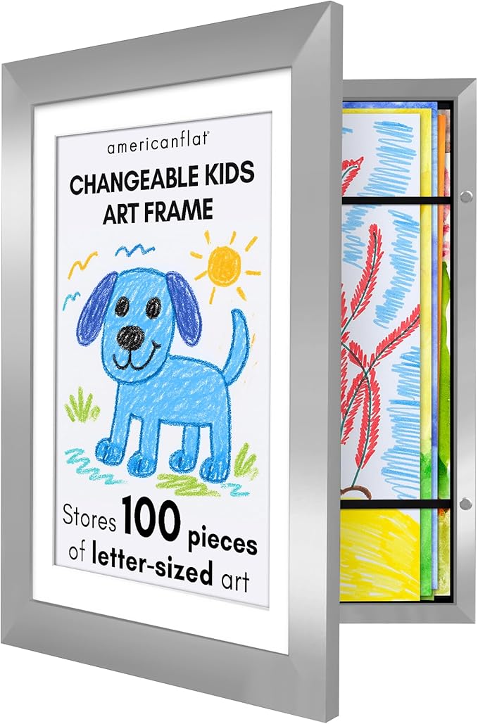 Americanflat Kids Artwork Frame Changeable (Silver) - Magnetic Door Holds 100 Art Pieces - 8.5x11 Letter Size Display with Mat or 10x12.5 Without Mat - My Mini Masterpiece