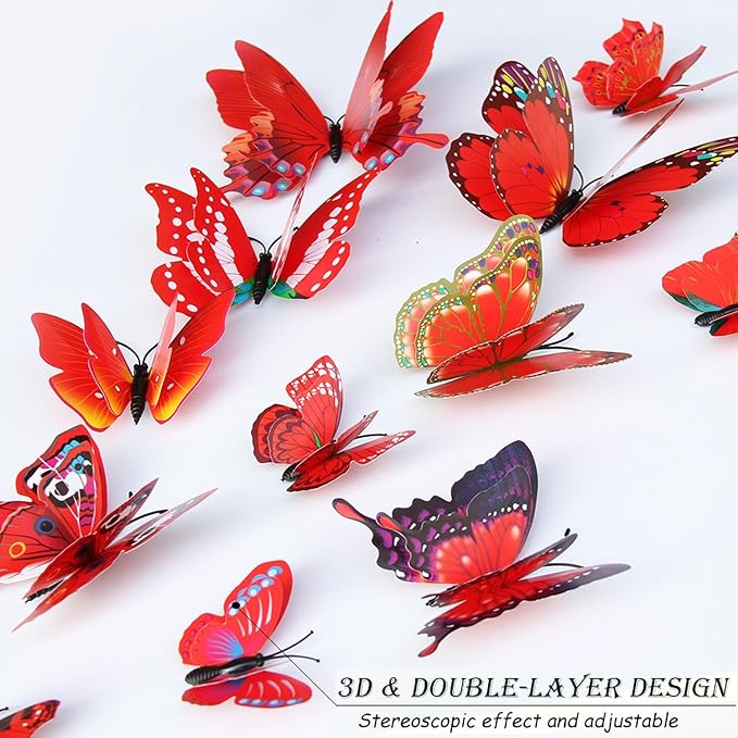 OPSEAM Butterfly Wall Decor 24/48 PCS, 3D Butterflies Stickers for Party Decorations with Magnets (Red, 48)