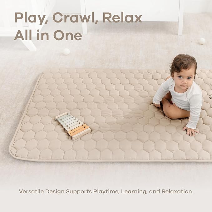 Comfy Cubs Rectangle Kids Play Mat - Small 36 x 60 inches Soft Quilted Baby Floor Mat with Non-Slip Bottom - Plush Design for Toddlers' Playtime - Comfortable and Durable - Sand
