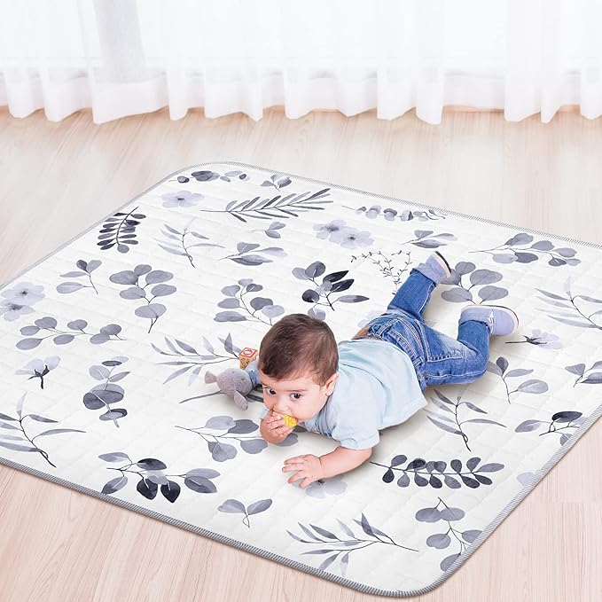 Funtery 43 x 43 Inch Boho Baby Play Mat Portable Crawling Washable Foldable Tummy Time Non Slip Baby Floor Large Playpen Mat for Infants Toddlers Floor Playpen Activity(Watercolor Leaf)