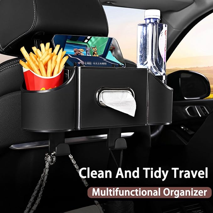 Back Seat Car Organizer,4 in 1 Multifunctional Car Back Seat Storage Box with Drink Cup Holder Tissue Box, for Hold Phone,Snacks, Drinks, Handbag-Black
