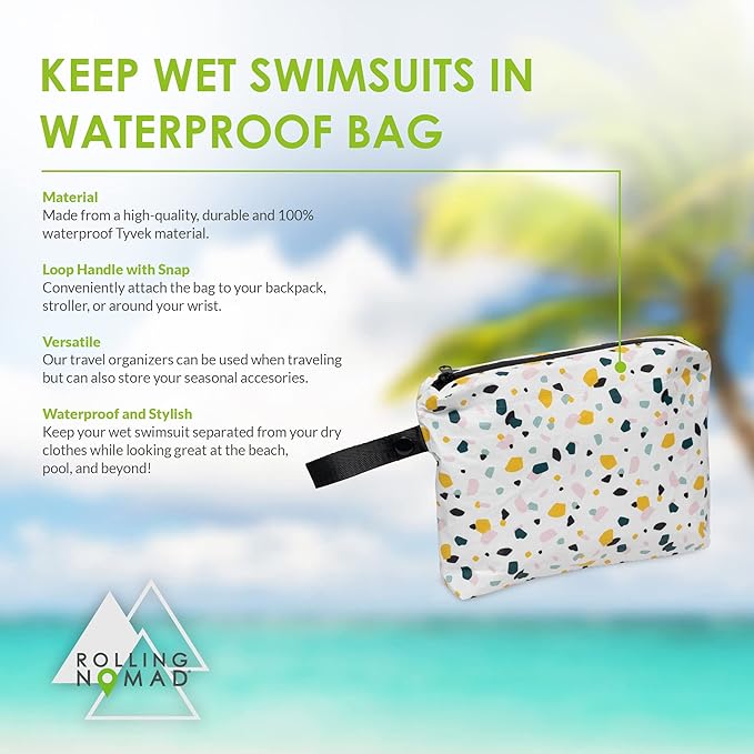 Rolling Nomad Tyvek Zippered Pouch, Swimsuit Bags, Wet & Dry Reversable Bags, Travel, Toiletry, Pool & Beach Essentials, Waterproof, Summer Must Haves, 8x6.5x1, (Small)