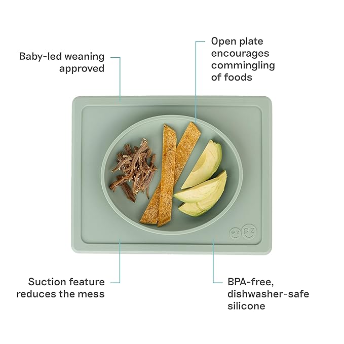 ezpz Tiny Plate (Sage) - 6 Months+ - 100% Silicone Suction Placemat + Plate for Infants - Fits on Most Highchair Trays - Baby Led Weaning Supplies