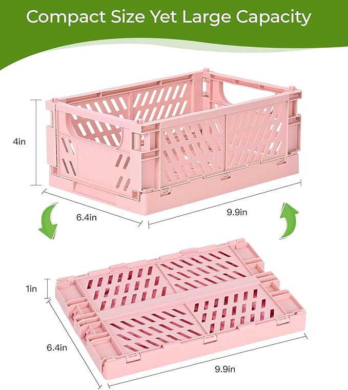 HUUSMOT 4-Pack Small Pastel Plastic Storage Baskets, Collapsible Crates for Organizing, Space-Saving Mini Bins for Classroom, Kitchen, Office, Bedroom (Pink, 9.8" x 6.5" x 3.8")