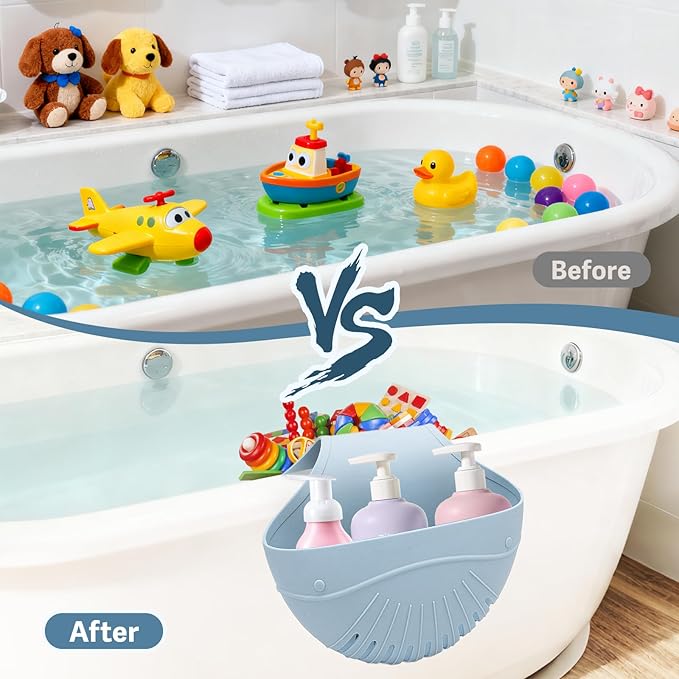 Silicone Bath Toy Organizer for Tub, Flexible 2-Compartment Bathtub Storage Basket for Kids & Adults, Drainable Toy Holder and Foldable Shower Caddy for Bathroom Essentials（Blue）