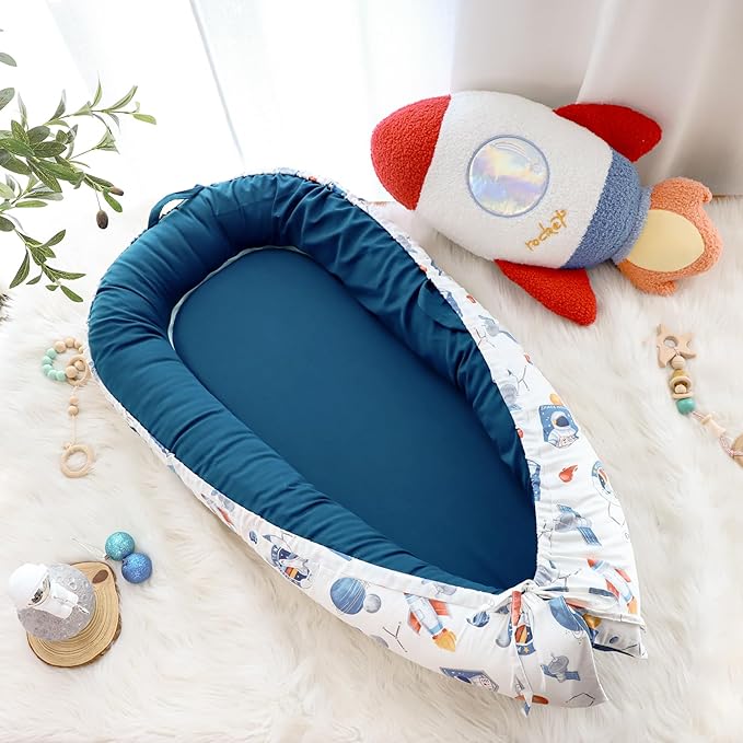 Jundetye Baby Lounger Cover for Boys Girls, Reversible Baby Nest Cover, Adjustable Baby Lounger Replaceable Cover for Infant Newborn, Portable and Machine Washable, Cotton Blue Rocket Cover Only