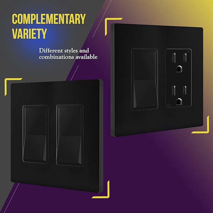 ENERLITES Screwless Decorator Wall Plates Child Safe Outlet Covers, Size 2-Gang 4.68" H x 4.73" L, Polycarbonate Thermoplastic, SI8832-BK-5PCS, Glossy, Black (5 Pack)