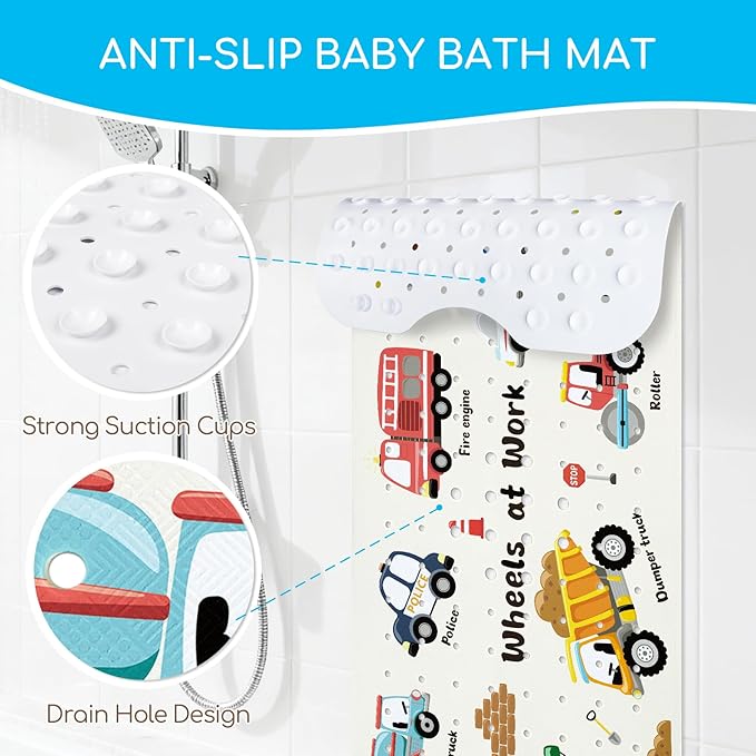 Omedecal Baby Bath Mat for Tub, Non Slip Kids Bath Shower Mat, 40 X 16 Inch Large Bathtub Mat with Drain Holes and Suction Cups for Toddlers, Machine Washable and Waterproof (Excavator)