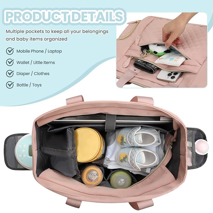 Pritent Diaper Bag Tote for Working Mom, Large Travel Diaper Tote for Mom and Dad with 14 Inch Laptop Sleeve, Mommy Maternity Travel Baby Bag for Boys and Girls, Pink