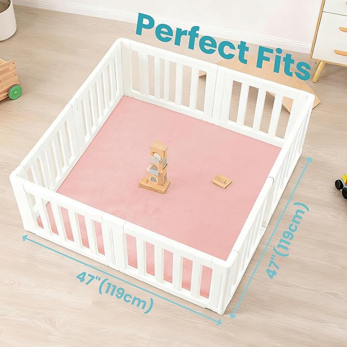 Huloo Sleep Baby Play Mat for Floor,1.3" Thick Elasti-Foam 47"×47" Playpen Mat for Tummy Time,Water Repellent Soft Coral Velvet for Toddler,Infant,Kids,Non-Slip Backing Safe for Crawling（Pink）