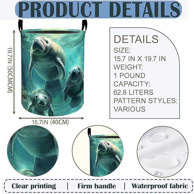 Manatee Laundry Basket Hamper 19.7"x15.8", Ocean Animal Foldable Waterproof Oxford Clothes Storage Bucket for Room Bathroom Bedroom Nursery Decor, Toy Organizer Bins Gifts for Kids Boys Girls