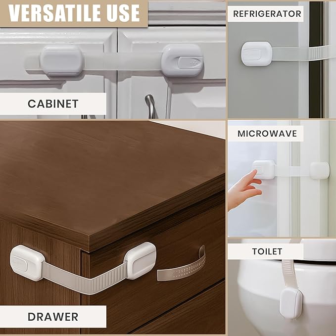 12 Pack Child Proof Cabinet Locks – No Screws & Magnets Needed - Cabinet Locks Baby Proofing With Strong 3M Adhesive Latches For Drawers, Furniture, Ovens, Toilet Seats, Trash Cans, Microwaves (White)