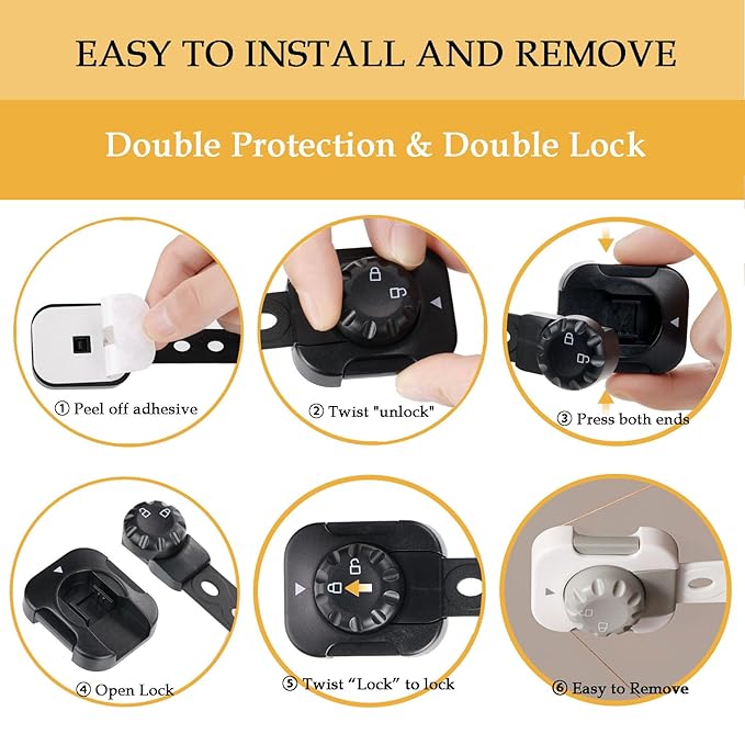 Cabinet Locks Baby Proofing, Child Safety Drawer Locks -Adjustable Child Safety Strap Locks Adhesive Baby Door Latch for Fridge Toilet Oven No Drill Multi-Purpose Furniture Kitchen Lock Black 6 Pack