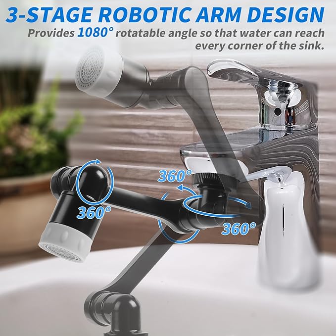 Longing Home 1080° Swivel Faucet Extender with 2 Function, Heavy Duty Rotating Sink Extension, Universal Swivel Robotic Arm, Rotating Splash Filter Extension for Kitchen Bathroom-2 Pcs/Black