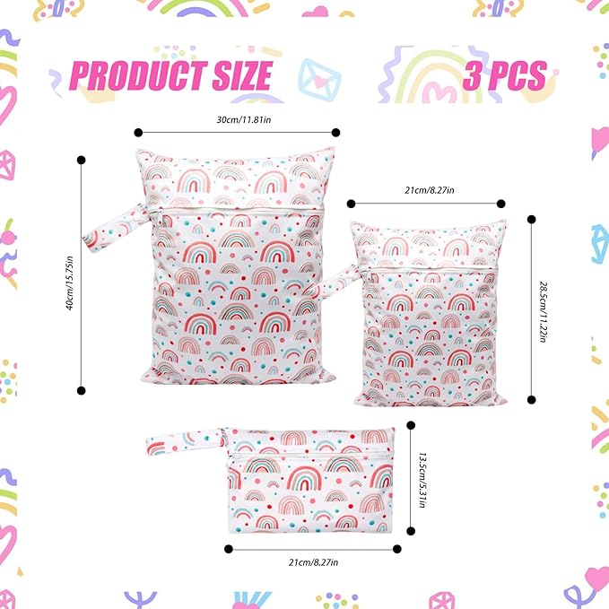 3pcs Cloth Diaper Wet Dry Bags Waterproof Reusable with Two Zippered Pockets Travel Beach Pool Daycare Soiled Baby Items Yoga Gym Bag for Swimsuits or Wet Clothes