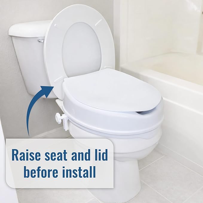HealthSmart Locking Raised Toilet Seat Riser for Seniors, 4" Elevation with Lid, Fits Round and Elongated Toilet Bowls, Secure Easy Locking Clamps, 418 lb Capacity, Quick Assembly