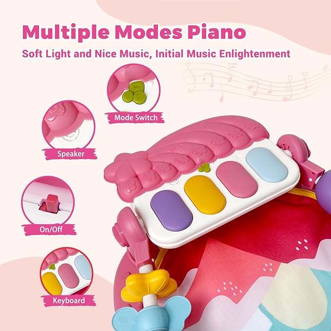 Baby Gym Play Mat, Musical Activity Center for Baby, Kick and Play Piano Gym, Tummy Time Play Mat for Newborn Babies Infants Boys Girls 0-3-6-9-12 Months (Pink)