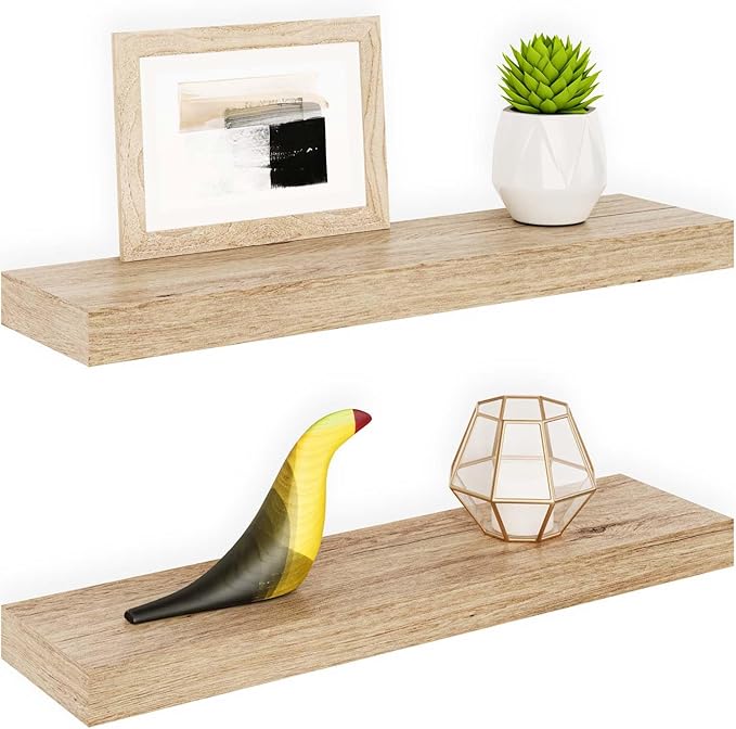 Ballucci Floating Shelves, 24" Wood Wall Shelf Set of 2, Invisible Brackets Floating Shelf Bathroom Wall Decor, Living Room, Bedroom, Kitchen, Nursery, 6" Deep, Natural Oak