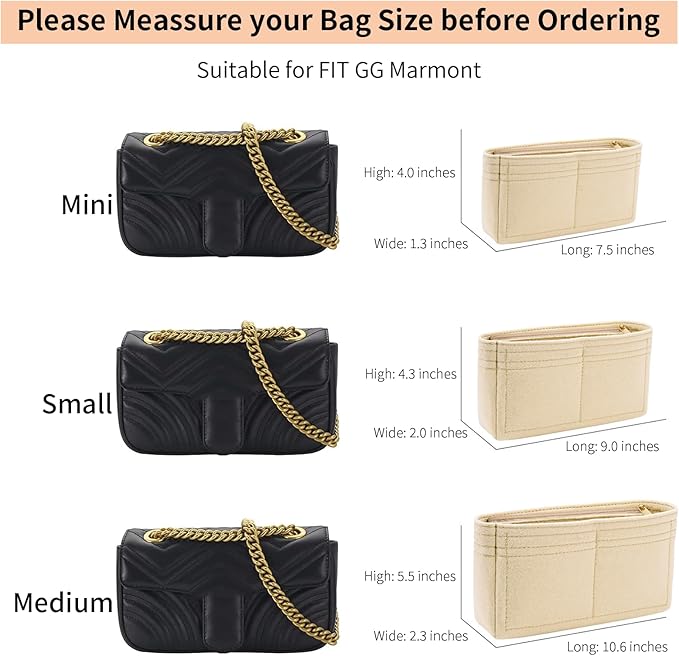 LOUKAYCCI Felt Insert Purse Organizer with Zipper, GG Marmont Matelasse Shoulder Bag Liner Pouch for Women Inner Bladder Storage Bag (Small, Beige)