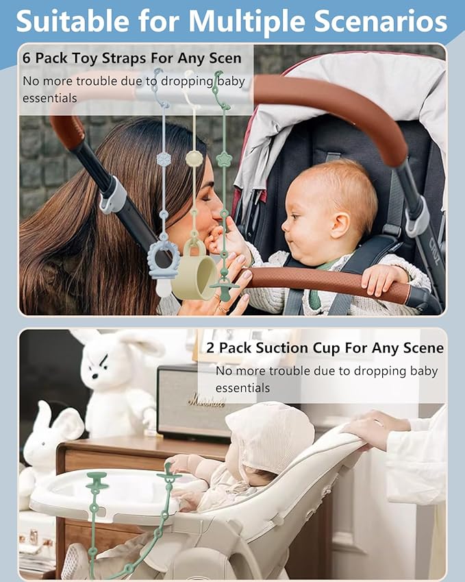 6 Pack Silicone Baby Toy Straps with 2 pcs Suction Cup Bases, Silicone Pacifier Holder, Toy Strap,Adjustable Toy Holder for Stroller Accessories, Car Seat, Highchair,Crib (A)