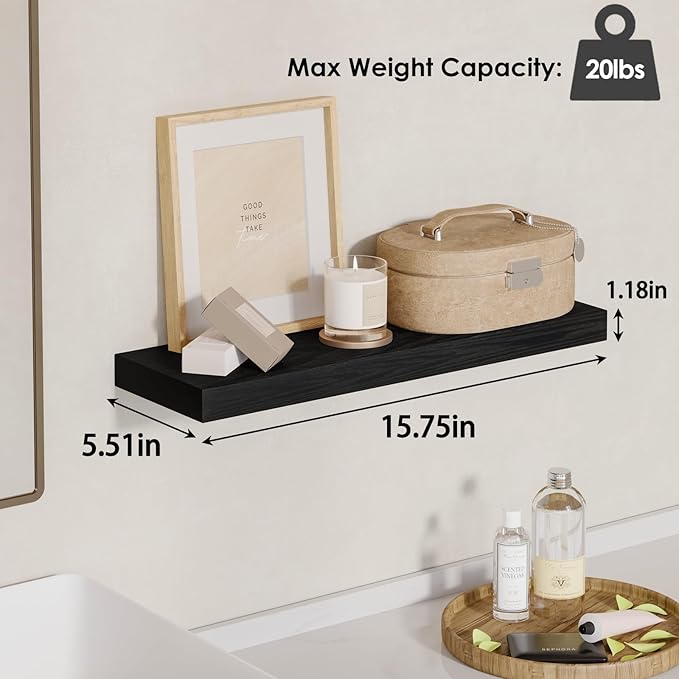 Fixwal Floating Shelves for Wall, Wall Mounted Rustic Wood Shelves for Bathroom, Living Room, Bedroom and Kitchen, Wall Shelves for Storage,Books,Room Decor (Black, Set of 4, 15.8 Inch)