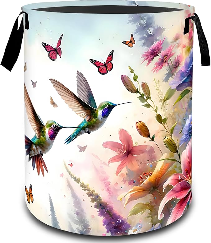 VODRM Floral Hummingbird Butterfly Laundry Basket, Dirty Collapsible Clothes Toy Organizer Hamper for Kids Adults, Oxford Cloth Waterproof Storage Bin for Bathroom Home Decor Gifts, 19.7"X15.7"