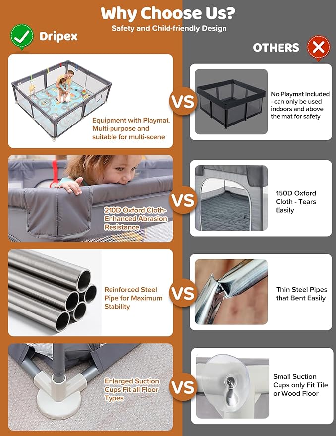 Dripex Baby Playpen with Mat, 71"x59" Play Pen for Toddlers 1-3 Years, Soft Breathable Visible Mesh, Indoor/Outdoor Portable Play Yard with Mat, Safe Baby Fence Play Area, Grey