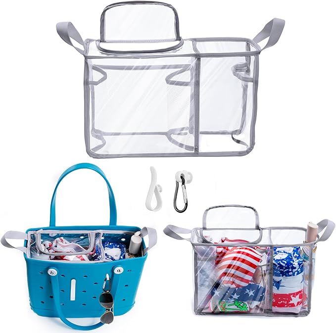 AMOIGEE Clear Beach Bag Organizer Insert with Zipper Closure Lid and 3pcs Accessories Compatible with Bogg Bag Medium- Tote Insert Bag Divider with Sunglasses Holder, Clips Hooks