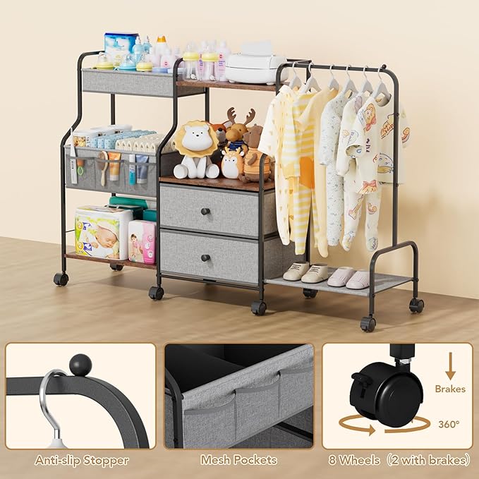 BBLIKE Diaper Caddy Organizer with Hanging Rack - 3 Tier Rolling Utility Cart with Drawers and Dividers for Baby Bottle Storage - Bedside Cart for Changing Station, Crib, Nursery, Bedroom, Gray