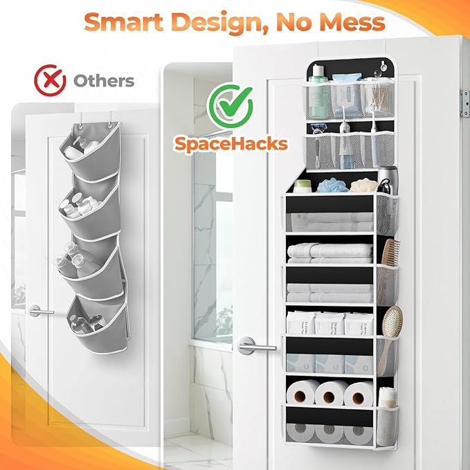 6-Tier Over the Door Organizer with Mesh Pockets, Baby Nursery Storage for Closet, Bathroom and Bedroom, Adjustable Hanging Closet Organizer for Cosmetics, Books and Essentials（Black）