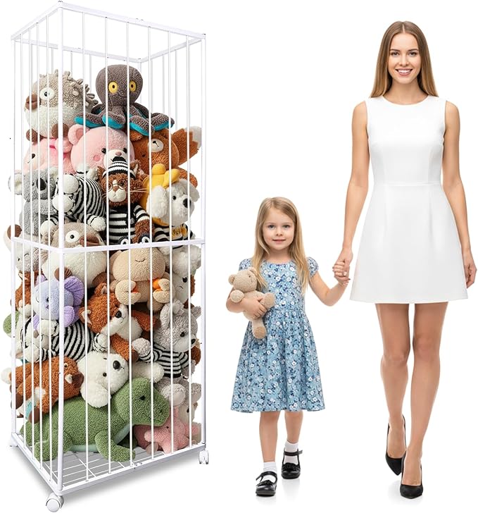 BETBEM Stuffed Animal Storage, Metal Tube Extra Large Toy Storage Organizer with Brake Wheels, Stuffed Animal Holder Zoo Organizer for Nursery Playroom Kids Room White(61” x 23.6”x 16.5”)