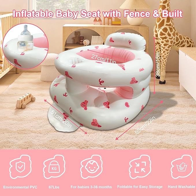 Inflatable Baby Seat for Babies 3-36 Months, Baby Chair with Fence & Built in Air Pump, Blow Up Floor Baby Seat with Back Support, Inflatable Baby Chair Sit Me Up for Home, Travel Pink Rabbit Fence