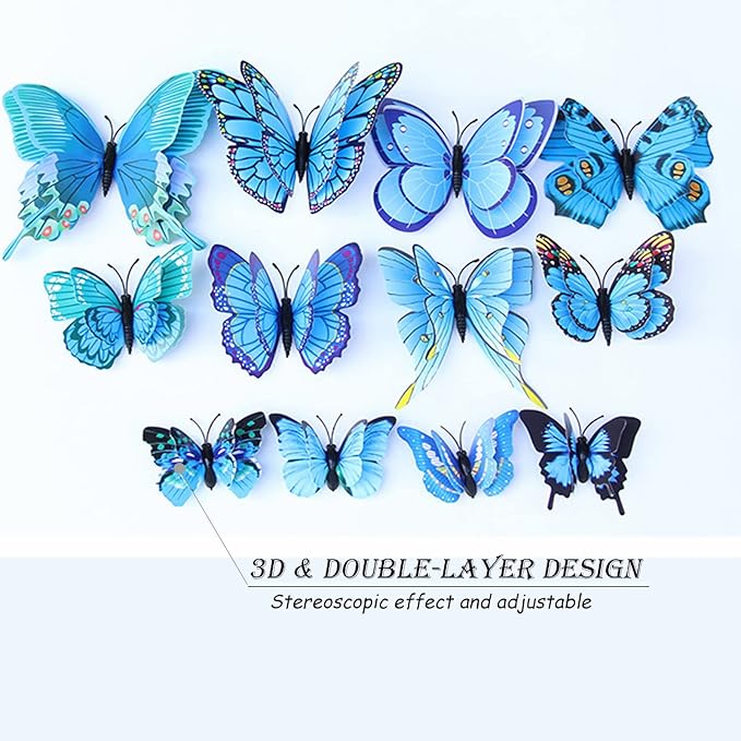 OPSEAM Butterfly Wall Decor 24/48 PCS, 3D Butterflies Stickers for Party Decorations with Magnets(Blue, 48)