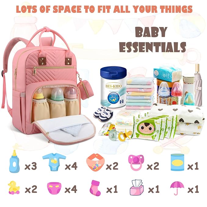 Tenot Baby Diaper Bag Backpack, Travel Diaper Bags for Baby Girl Boy Large Capacity Baby Bag Backpack for Women Light Pink