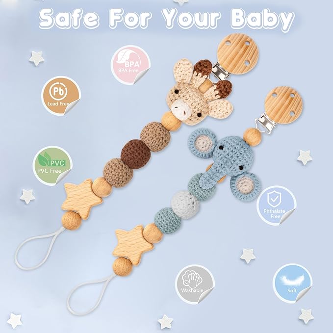 Pacifier Clip, 2 Pack Pacifier Holder for Boys and Girls, Cute Deer Handmade Knitted Christmas Pacifier Clip Fits for Most Pacifier, Baby Teethers, Baby Shower and Baby Gift(Elephant&Deer)
