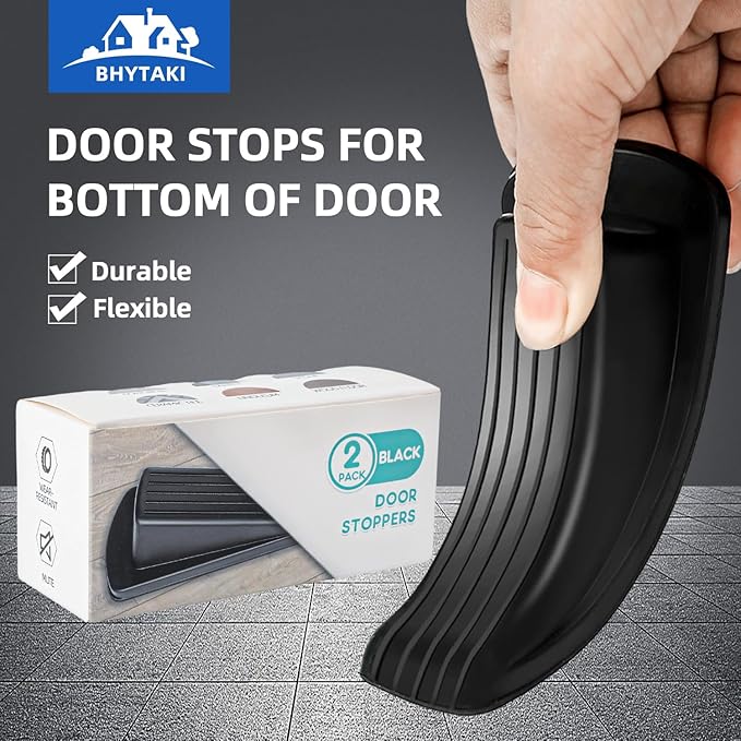 Door Stoppers for Bottom of Door on Floor, Premium Rubber Stoppers Wedge, Door Stops for Carpet Heavy Duty, Door Stoppers for Bottom of on Tile, Concrete, Wooden Floor, Door Gaps (Black, 2 Pack)