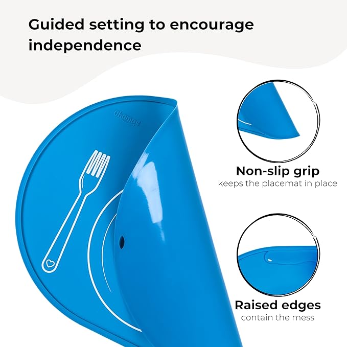 CHAMOS Silicone placemats for Toddlers - Montessori placemat for Round Table - Oval Kids placemats for Dining Table - Non Slip, Small, Educational placemats (Blue), 14.17x10.23 inch