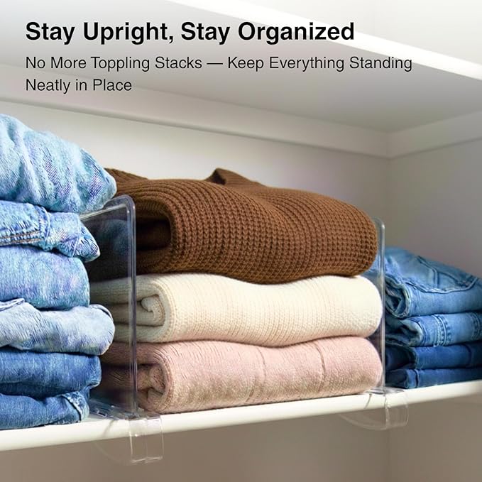 SortNStore Shelf Dividers Purse Organizer for Closet: 12-Pack Acrylic Bag Storage Organizer for Handbags, Clutches, Clothes, Sweater, Towel on Wood Shelves