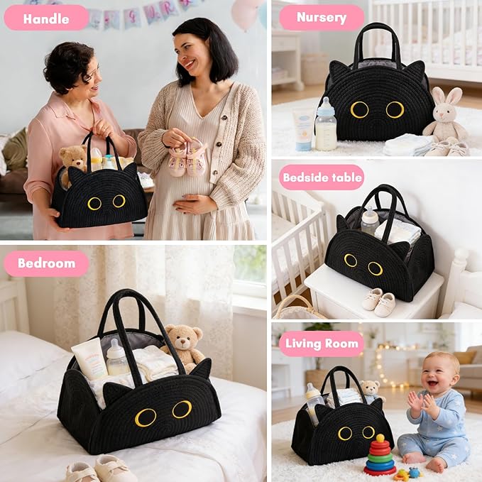 Black Cat Baby Diaper Caddy Organizer, Cute Cat Woven Cotton Rope Basket for Nursery, Portable Caddy Empty Gift Basket, Large Bag Baby Shower Towels Wipes for Newborn Essentials Storage Bins