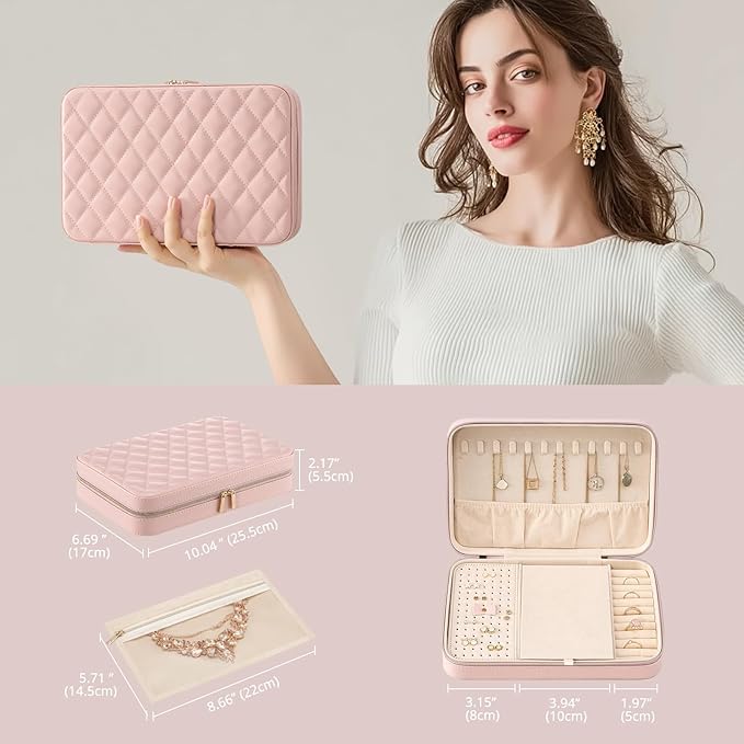 Lolalet Travel Jewelry Case for Women Girls, Travel Jewelry Organizer Box with Mirror & Clear Storage Bag, Small Portable Earring Necklace Bracelet Ring Case, Birthday Valentine Gifts -Large, Pink