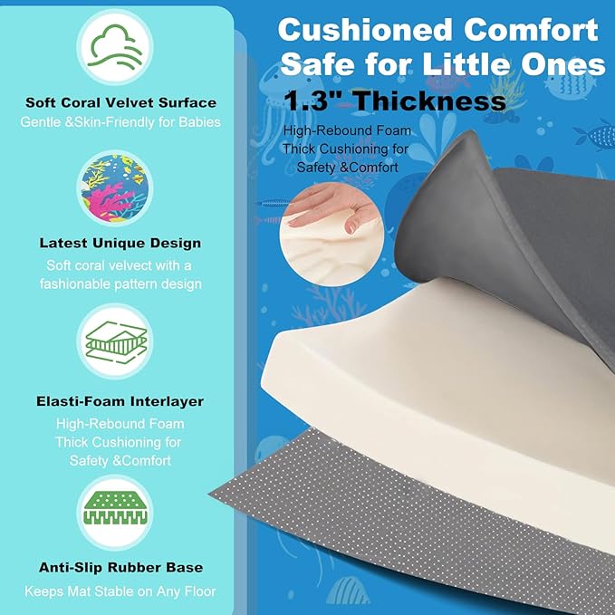 1.3" Thick Baby Play Mat for Floor, Elasti-Foam 71x59 Playpen Mat, Water Repellent Ultra Soft Coral Velvet Tummy Time Crawling Mats for Kid Toddlers Infants, Non-Slip Backing Safe for Crawling Ocean