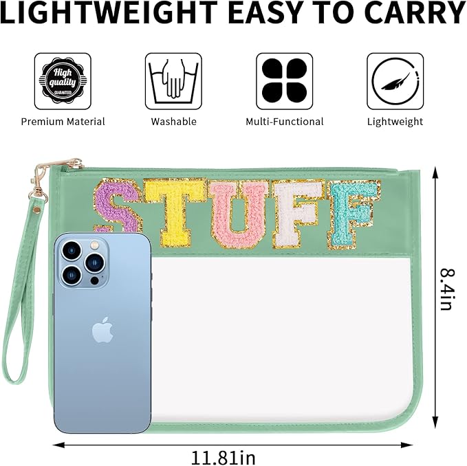 Iqimott Chenille Letter Clear Bag Stuff Pouch, Monogram PVC & PU Makeup Cosmetic Bag Zipper Toiletry Pouch, Waterproof Portable Travel Beach Snack Wristlet Bags for Women Girls(Stuff, Green)