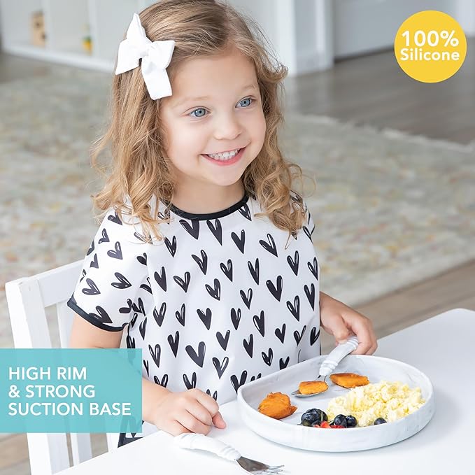 Bumkins Toddler and Baby Suction Plate, Silicone Grip Dish for Babies and Kids, Baby Led Weaning, Children Feeding Supplies, Non Skid Sticky Bottom, Platinum Silicone, Ages 6 Months Up, Marble