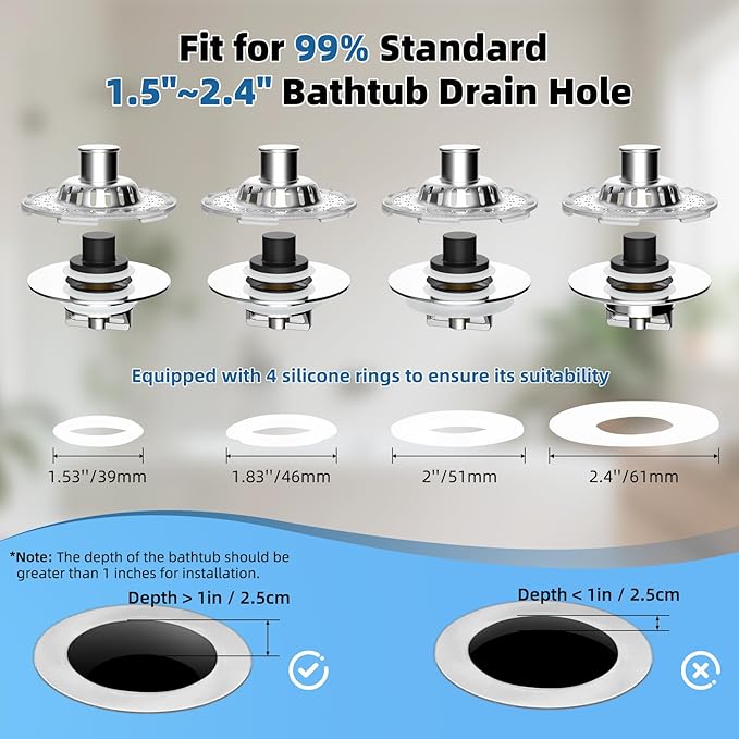 Universal Bathtub Drain Stopper Shower Drain Hair Catcher with Visible Top Strainer, Upgraded 3 in 1 Pop-up Tub Stopper Drain Plug Fit for 1.5 to 2.4" Hole, Stainless Steel Filter Basket