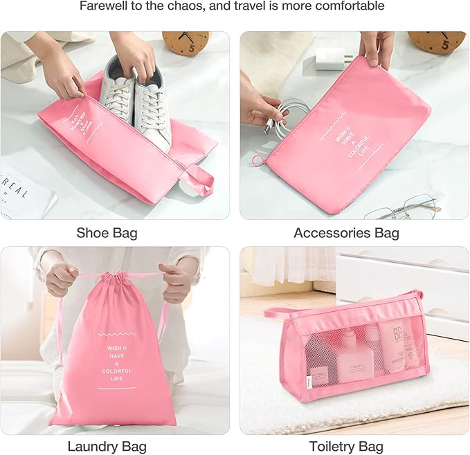 8 Set Packing Cubes for Suitcases,Packing Cube with Shoe, Cosmetics, Clothing, and Accessories Bags Packing Cubes for Travel Luggage Organizer Women Men (Pink)