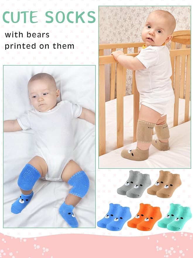 10 Pairs Baby Crawling Anti Slip Knee Pads and Anti Slip Baby Socks Set Unisex Toddler Knee Protectors Non Slip Ankle Socks