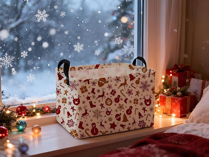 Essme Rectangular Christmas Baskets,Deer Storage Box,Cute Basket for Kids with Handles for Room Decor, Book Bins,Gifts Basket.(Snowflake Christmas)