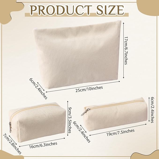 3 Pcs Makeup Bag Set for Women Corduroy Cosmetic Pouch Aesthetic Smile Travel Toiletry Bag Cute Purse Pouch Pencil Case Makeup Brushes Storage Organizer with Zipper(White,Solid Style)